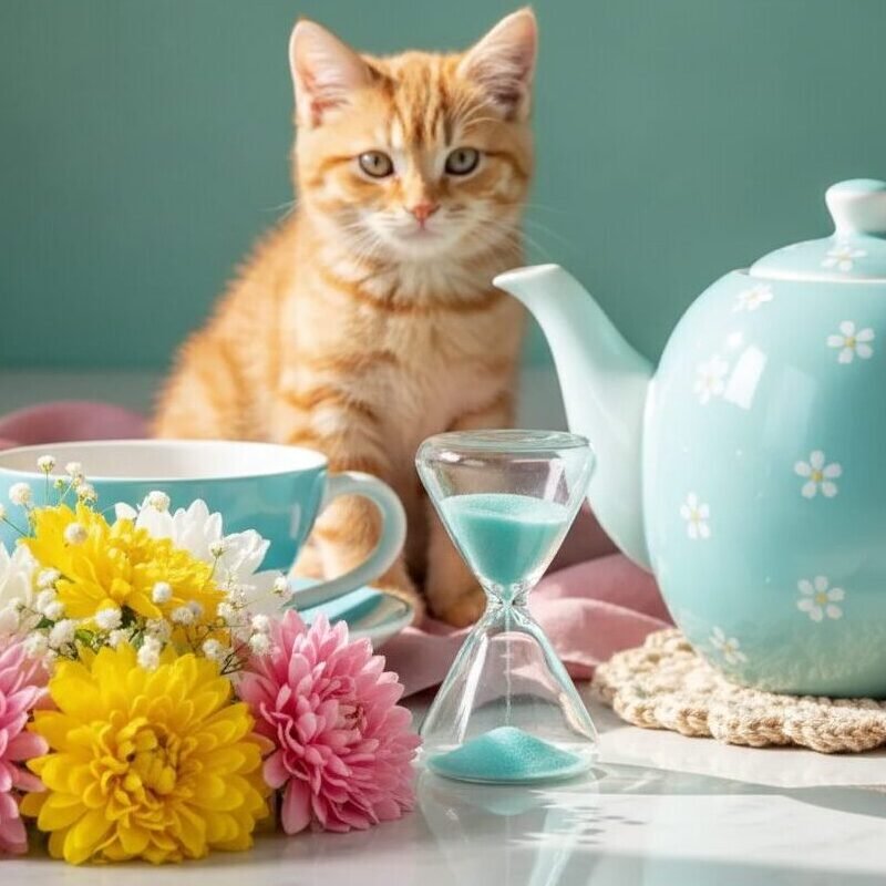 Orange kitten with teal teapot, teacup, flowers, and hourglass on table setting with pastel decor.