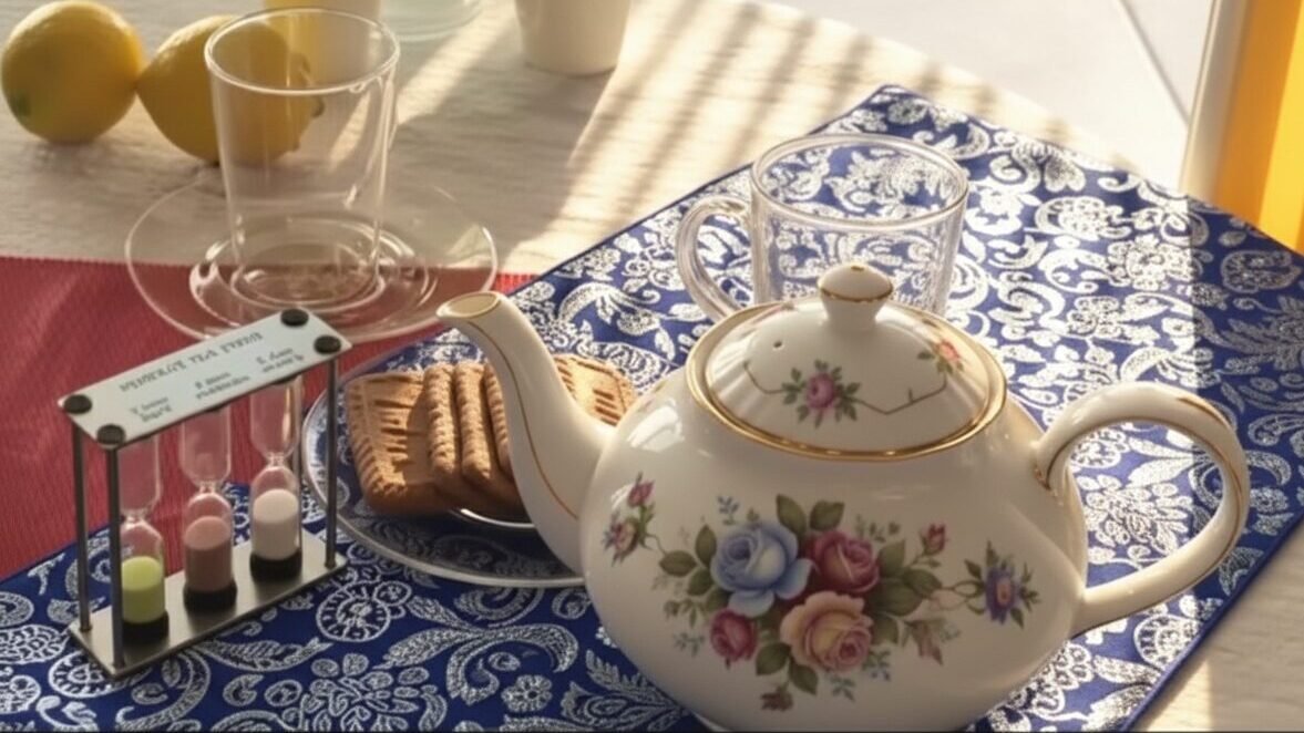 Floral teapot with cups and biscuits on patterned tablecloth beside tea timer, set for afternoon tea ambiance.