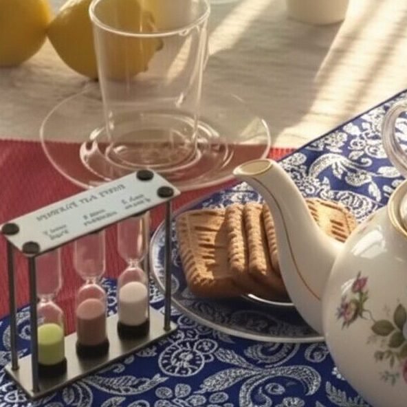 Elegant floral teapot with biscuits and tea timers on a patterned tablecloth for a cozy afternoon tea setting.
