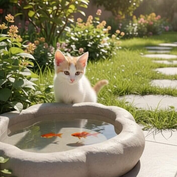 Cute kitten watching goldfish in garden pond, surrounded by lush greenery and stepping stones.