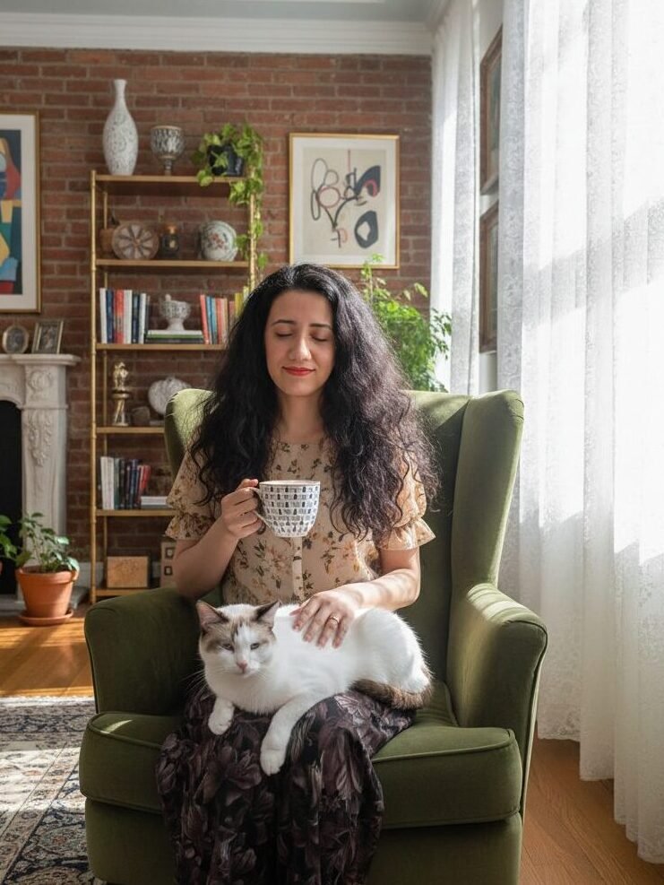 Woman relaxing with a cup of tea and a cat on her lap in a cozy living room setting.