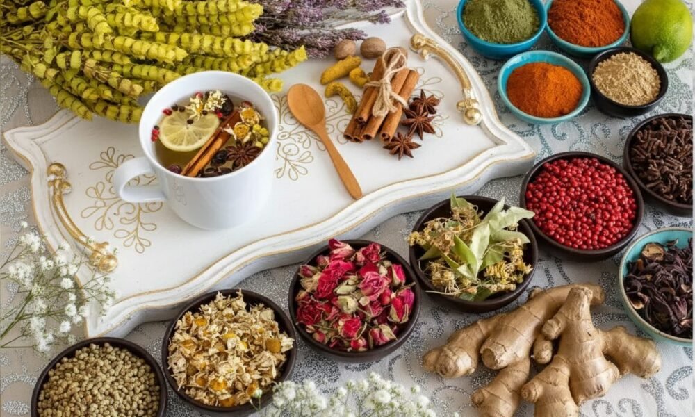 What Types of Tea Are Herbal: A Guide to Herbal Tea Varieties Cozy herbal tea setup with spices and dried herbs on a decorative tray, featuring ginger, cinnamon, and lime slices.