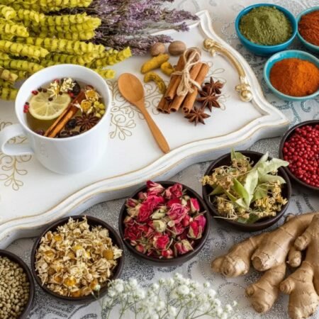 What Types of Tea Are Herbal: A Guide to Herbal Tea Varieties Cozy herbal tea setup with spices and dried herbs on a decorative tray, featuring ginger, cinnamon, and lime slices.