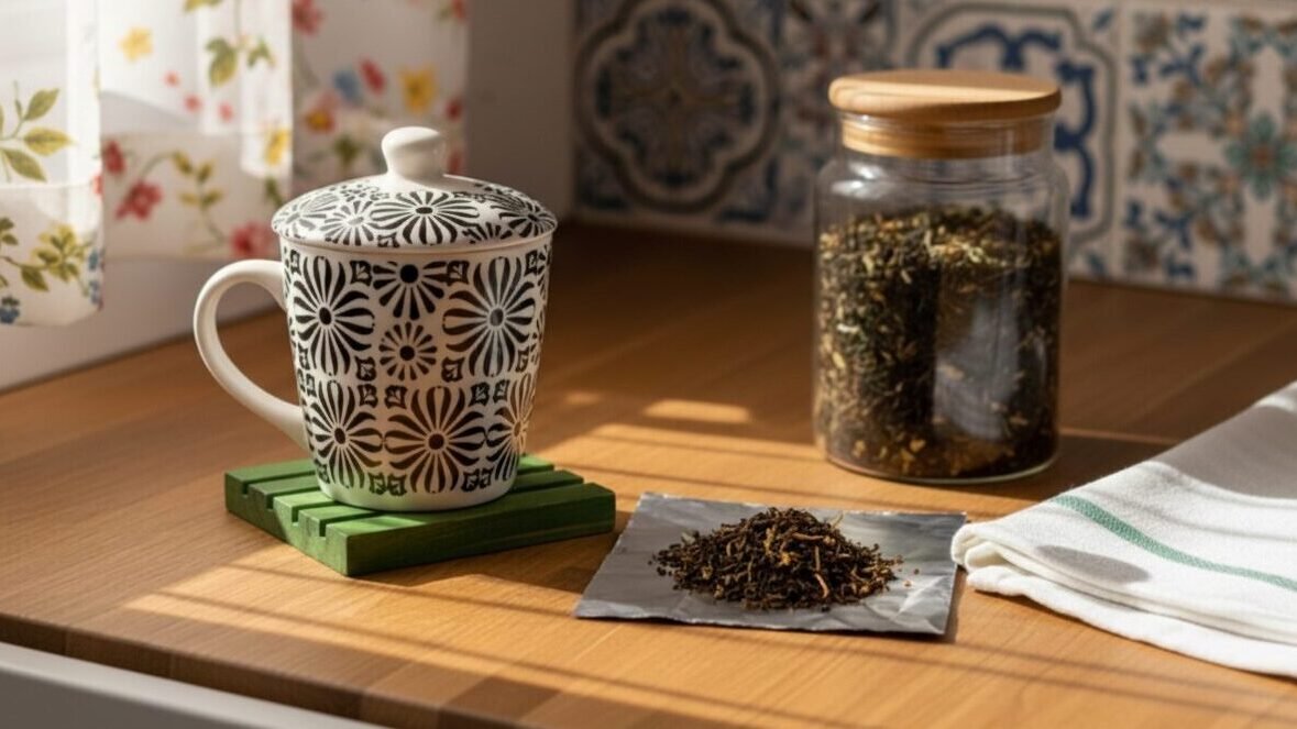 Ceramic mug with floral design, tea leaves, and jar on a wooden kitchen counter in sunlight.
