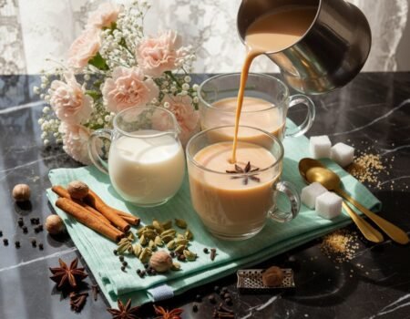 Pouring chai tea into glass cups with spices and milk on a table, next to sugar cubes and pink flowers.