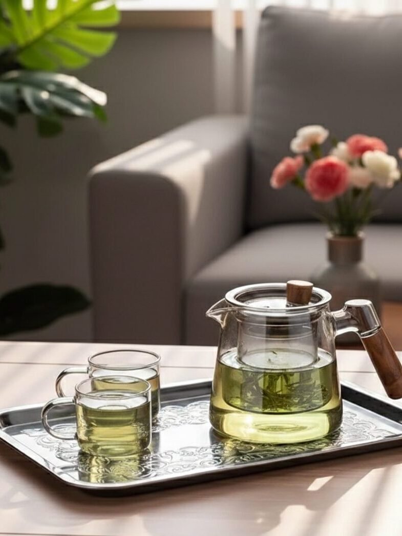 Glass teapot and cups with green tea on tray, cozy living room setting with flowers and sofa.