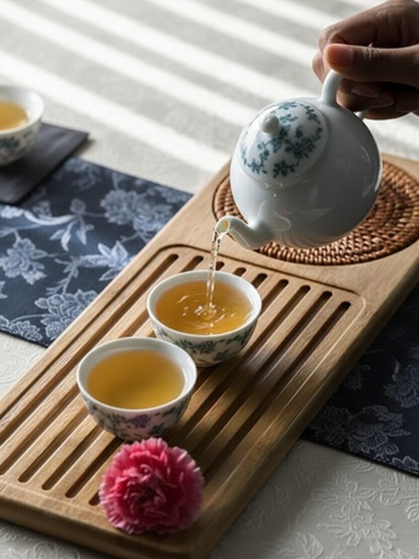 Pouring tea into cups on a wooden tray with a pink flower.