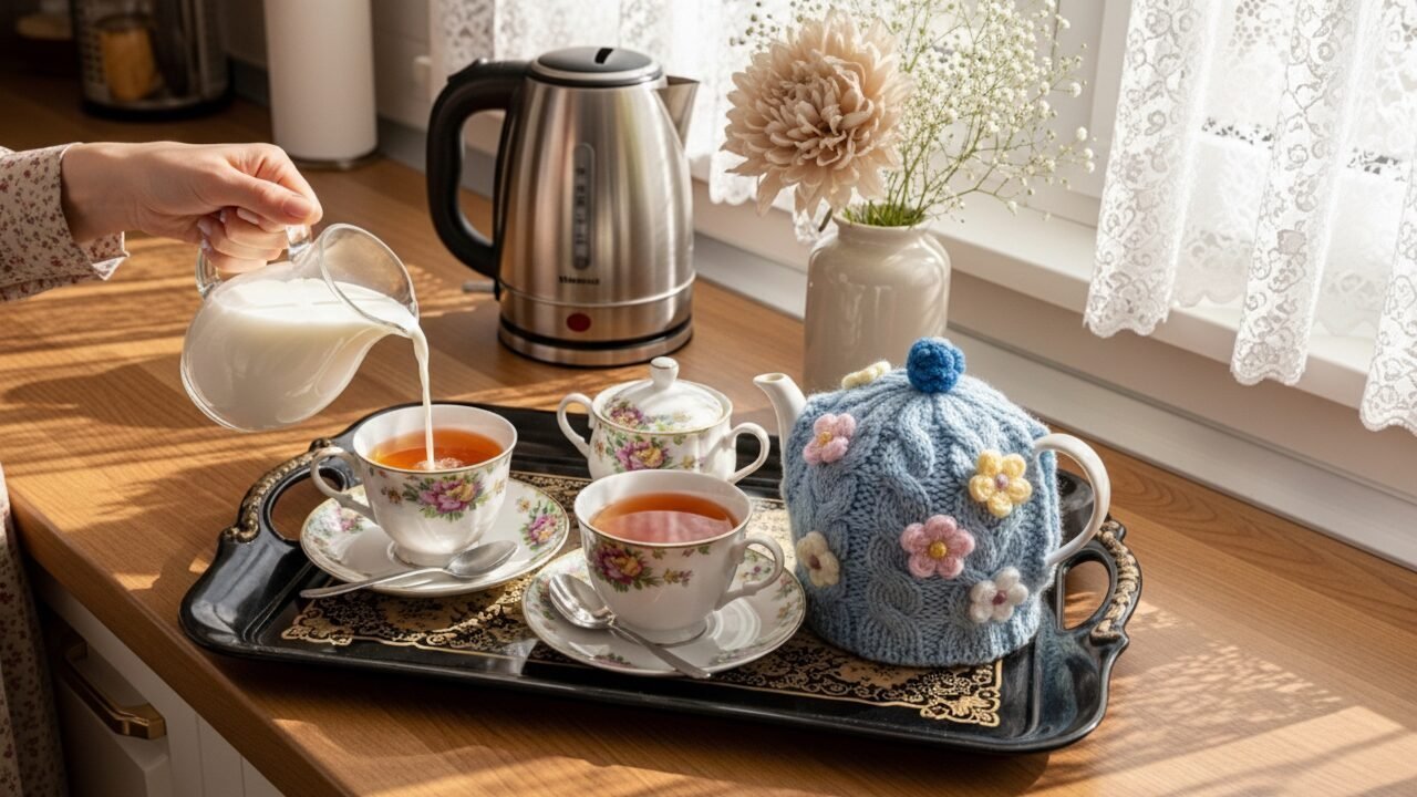 Pouring milk into floral teacups on a tray with a cozy tea setting and kettle by a sunny window.