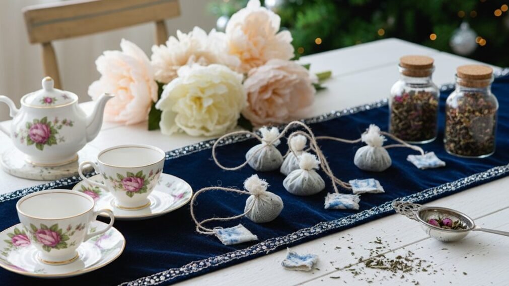 Elegant tea set with floral cups and herbal tea bags on a table, next to a festive Christmas tree.