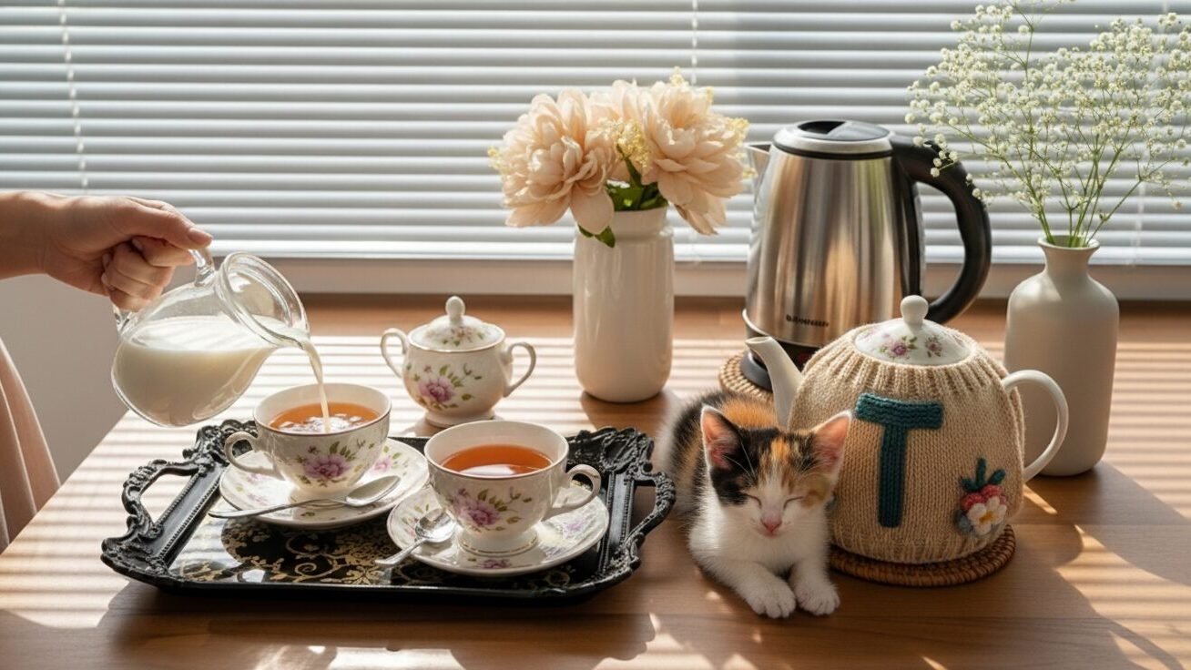 Cozy tea setup with milk being poured, floral teacups, a teapot, flowers, and a sleeping kitten in soft morning light.