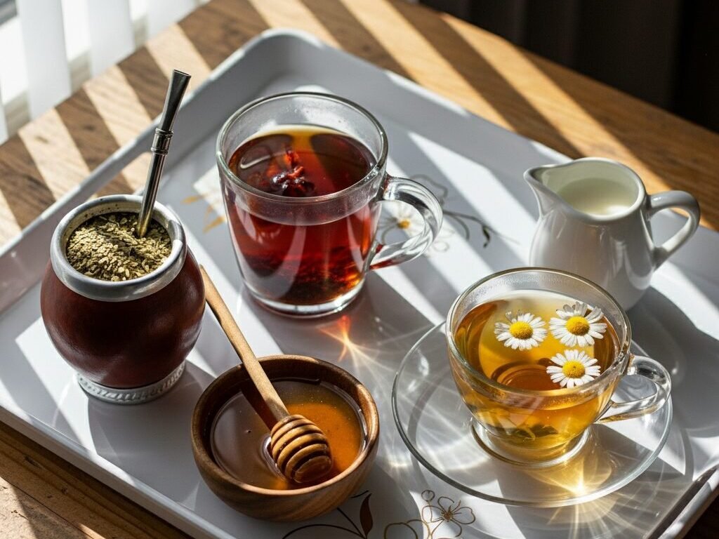 Variety of teas with honey, milk, and flowers on a tray, basking in sunlight. Perfect for a cozy afternoon.
