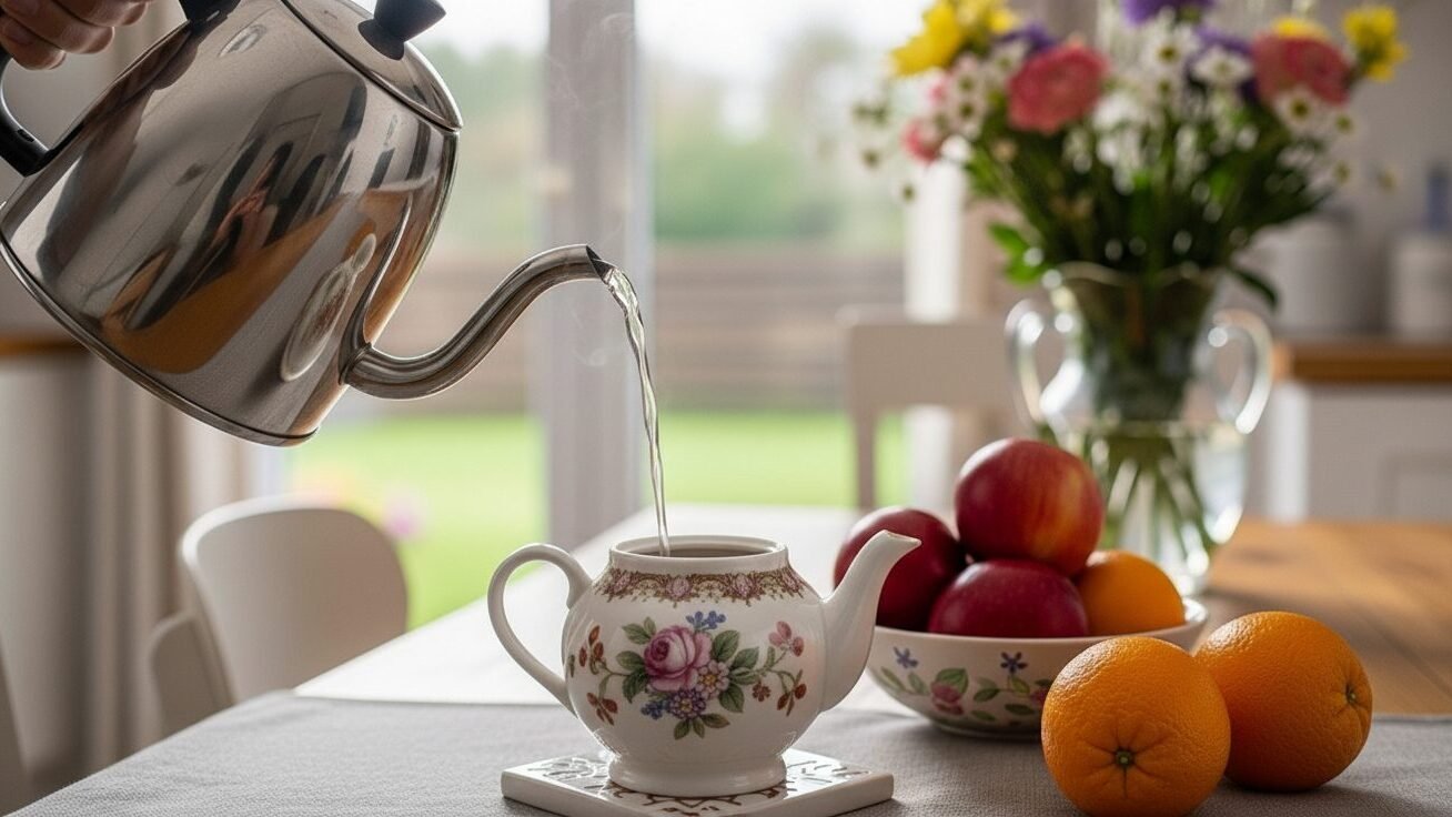 Pouring hot water into floral teapot with fruits and flowers on a kitchen table, creating a cozy morning scene.