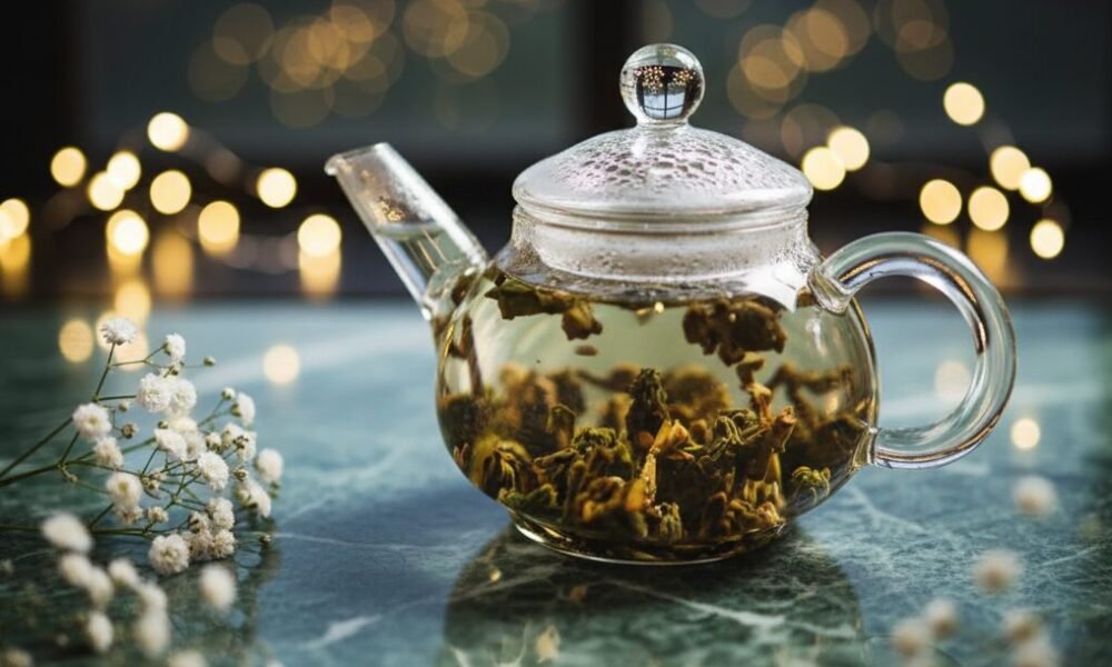 How to Brew Loose Leaf Tea Without an Infuser – Easy Steps for Making Delicious Tea Glass teapot with herbal tea on marble table, soft bokeh lights in background for a cozy ambiance.