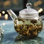Glass teapot with herbal tea on marble table, soft bokeh lights in background for a cozy ambiance.
