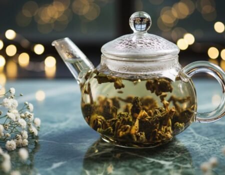 Glass teapot with herbal tea on marble table, soft bokeh lights in background for a cozy ambiance.