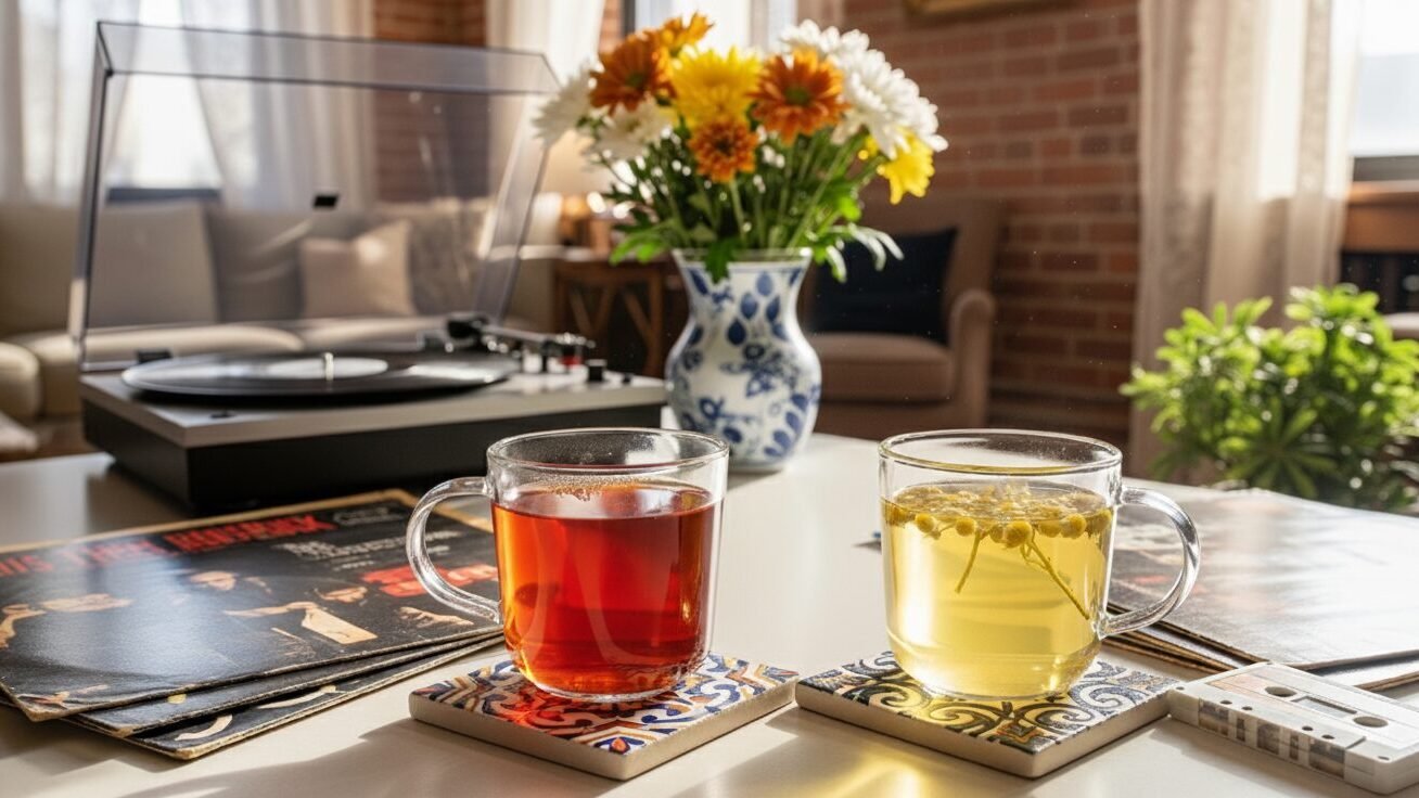 Two cups of tea on coasters beside a record player and flowers in a cozy living room setting.