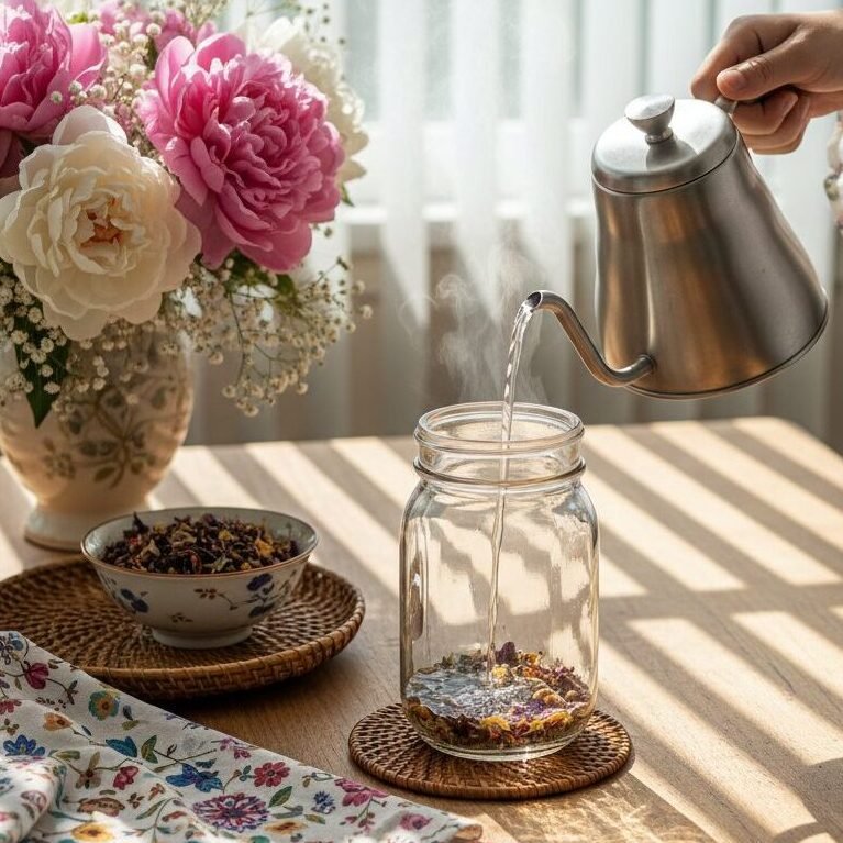 Pouring hot water into a jar with tea leaves, alongside flowers and a floral napkin on a sunlit table.