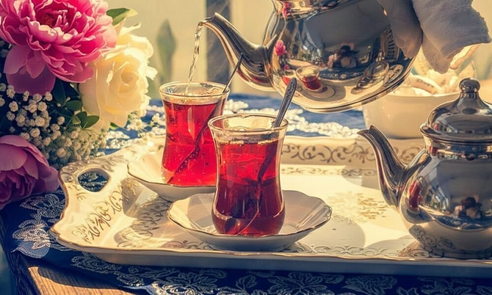 Elegant tea setting with two glasses of red tea and a silver teapot, adorned with fresh flowers on a tray.