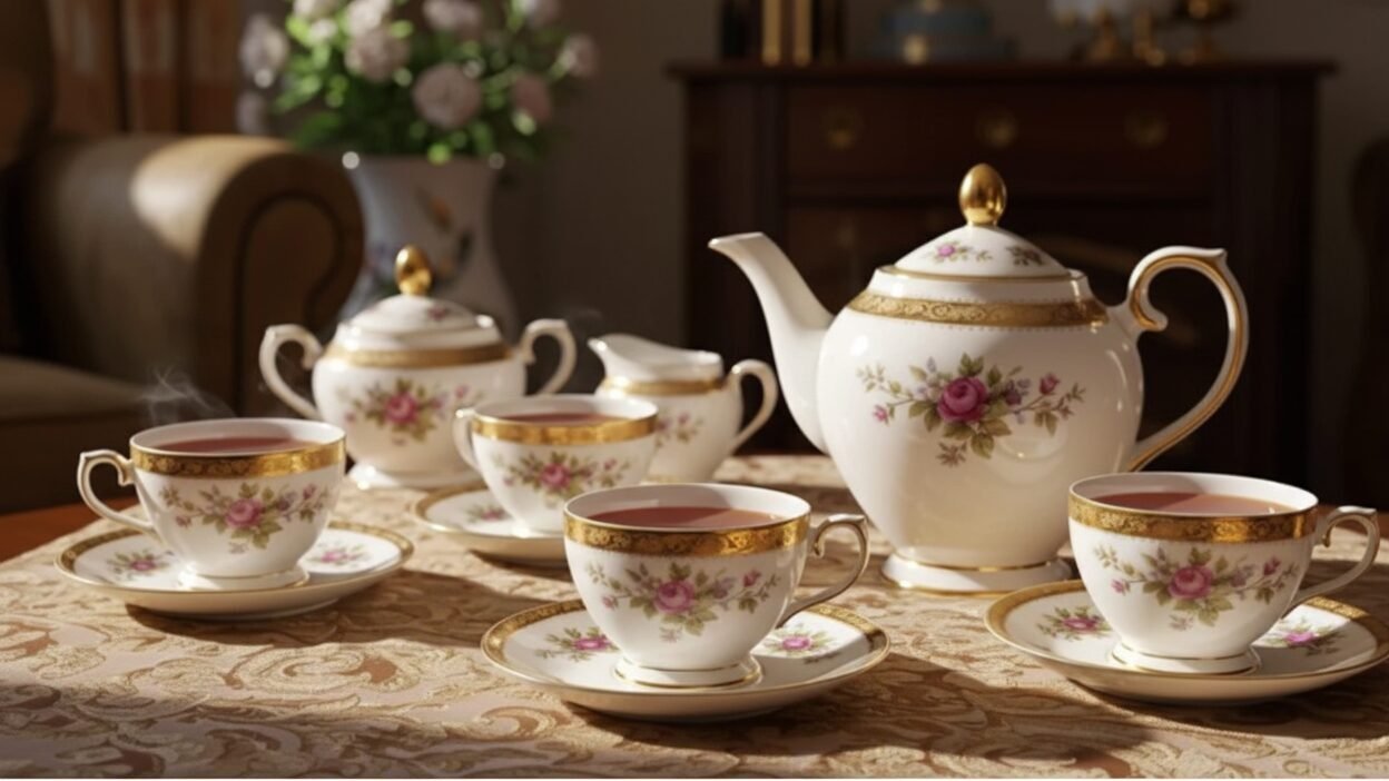 Elegant floral china tea set with cups, saucers, and teapot on decorative tablecloth, perfect for afternoon tea.