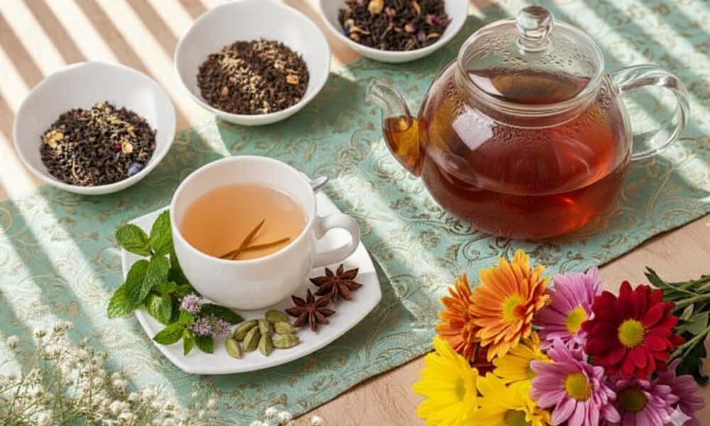 What Types of Tea Are Sweet: A Guide to Deliciously Sweet Tea Varieties Tea set with herbs, spices, and assorted dried tea leaves on table; vibrant flowers add a colorful touch.