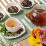 Tea set with herbs, spices, and assorted dried tea leaves on table; vibrant flowers add a colorful touch.