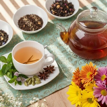 What Types of Tea Are Sweet: A Guide to Deliciously Sweet Tea Varieties Tea set with herbs, spices, and assorted dried tea leaves on table; vibrant flowers add a colorful touch.