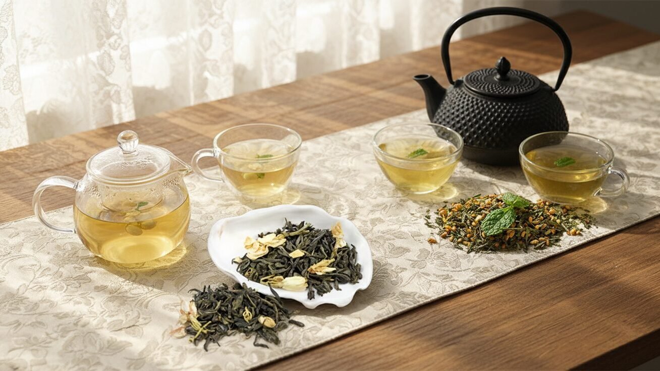Tea setup with glass teapot, three cups, black teapot, and loose tea leaves (Jasmine Green & Genmaicha) on a decorative tablecloth.