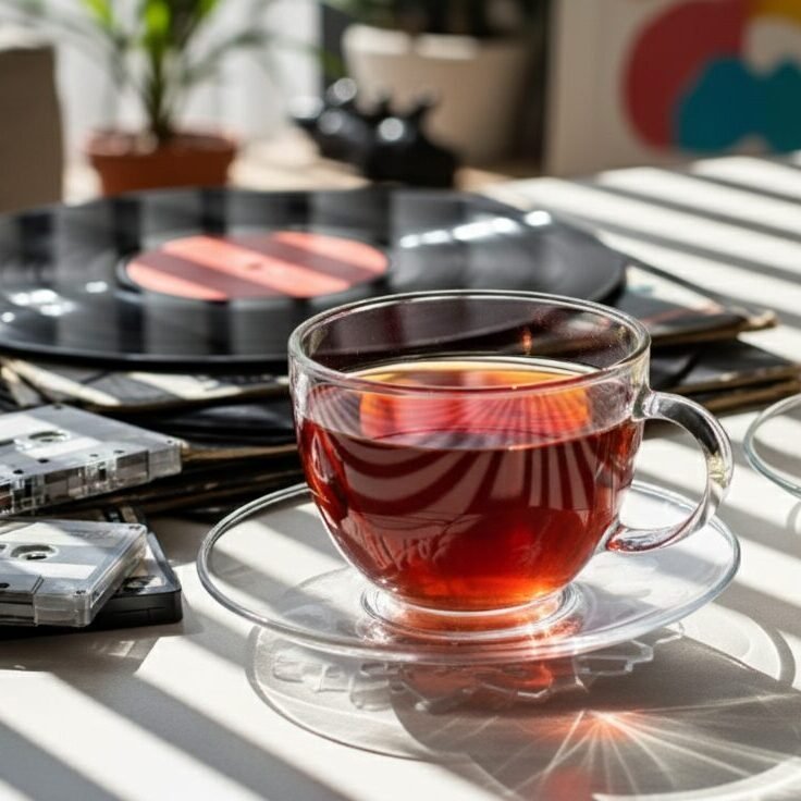Two glass cups of tea on a table with vinyl records and cassettes in sunlight.