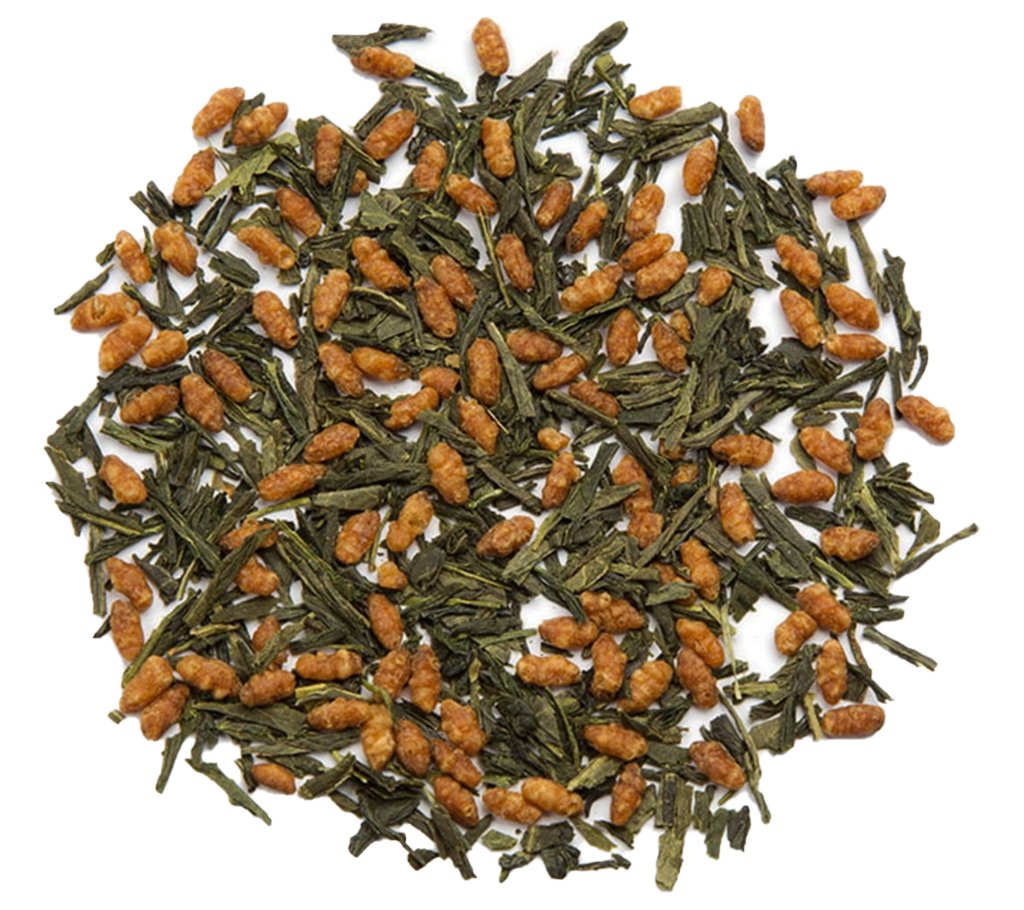 Loose leaf Genmaicha green tea with toasted brown rice on a white background.