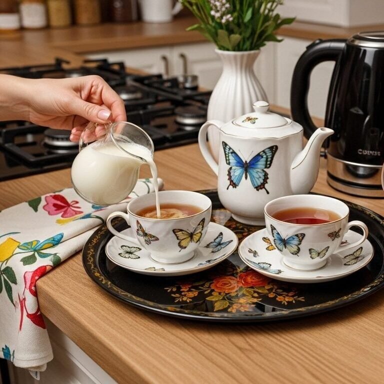 Pouring milk into butterfly-themed teacups on a kitchen table with tea, juice, and fresh fruit.