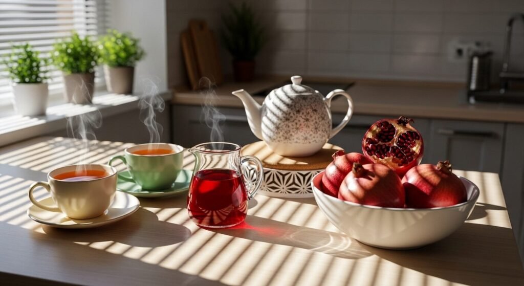 Cozy kitchen scene with steaming tea, teapot, pomegranates, and natural light filtering through blinds.