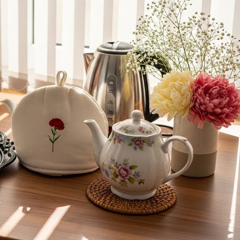 A hand pours milk into a floral teacup on a tray, surrounded by teapot, flowers, and tea cozy on a sunny table.