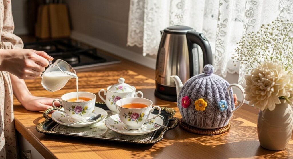Pouring milk into floral teacups on a tray by a cozy teapot cover, with lace curtains in a sunlit kitchen.
