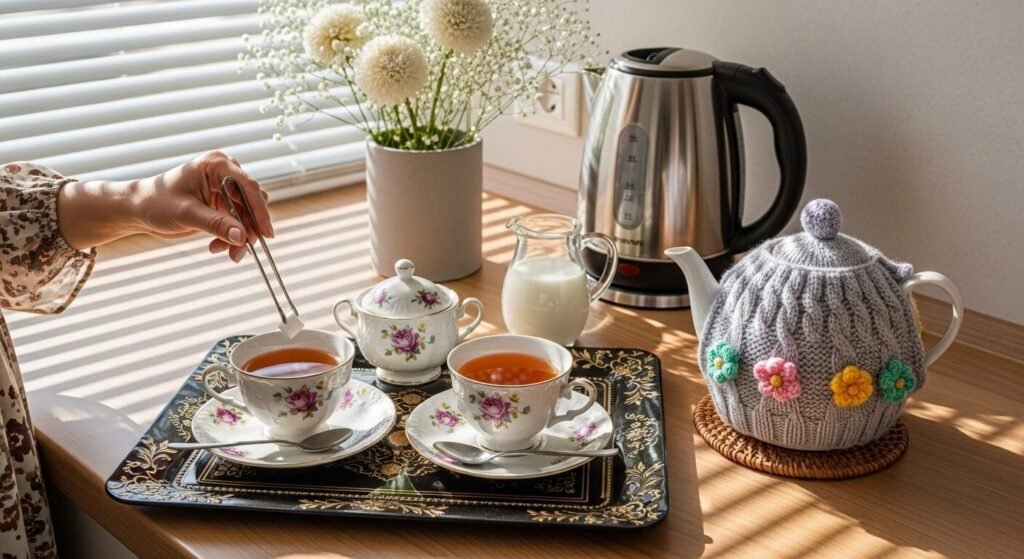 Cozy tea setup with floral teacups, sugar cubes, milk jug, and a teapot with a knitted cover on a sunny table.