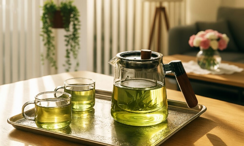 How to Brew Green Tea: The Ultimate Guide to Making the Perfect Cup Glass teapot and cups of green tea on a tray, with sunlight streaming into a cozy living room.