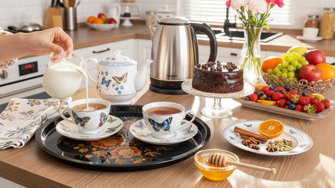 Pouring milk into tea in a cozy kitchen with fruit and chocolate cake on the table.