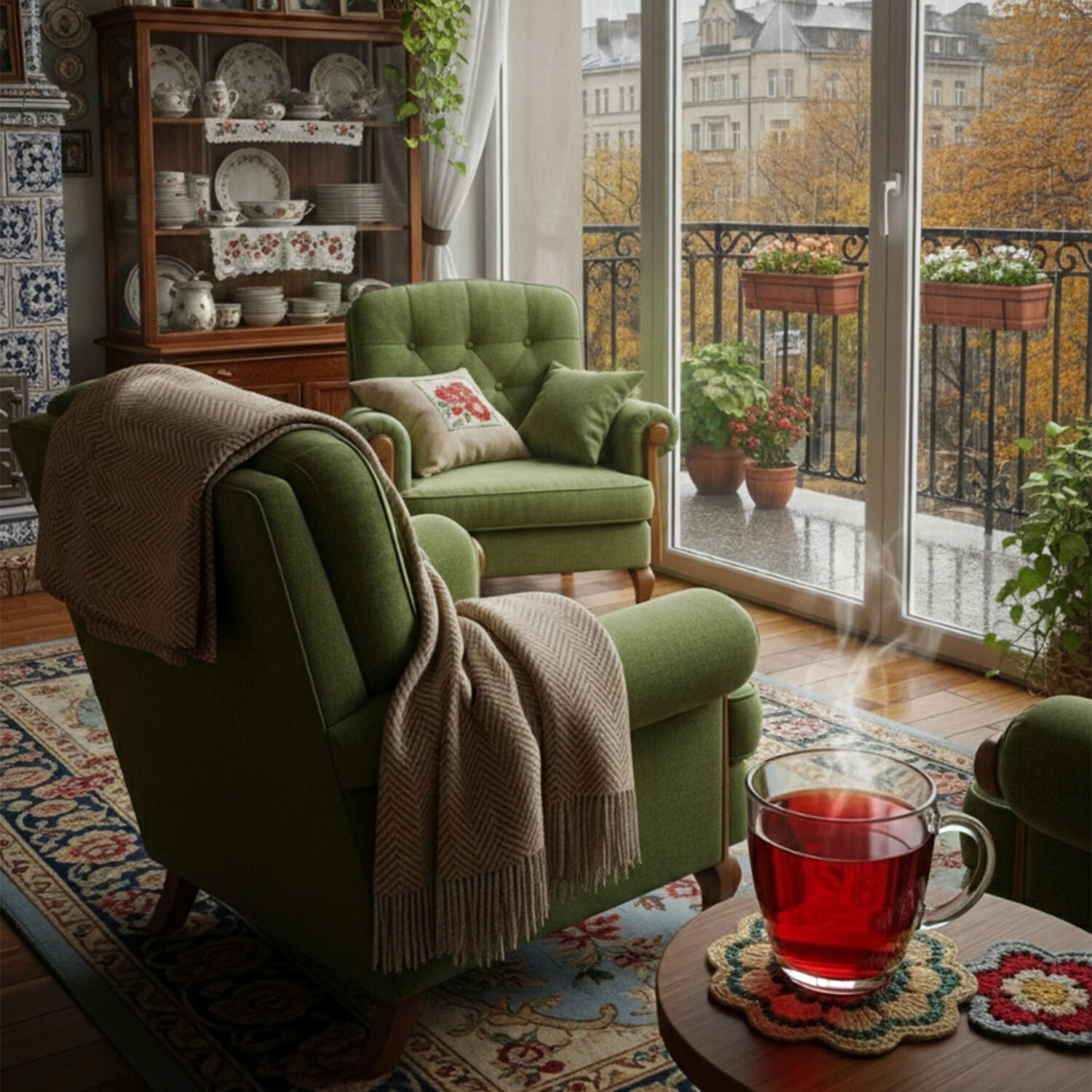 Cozy living room with green chairs, a steaming cup of tea, and a balcony view of autumn trees through glass doors.