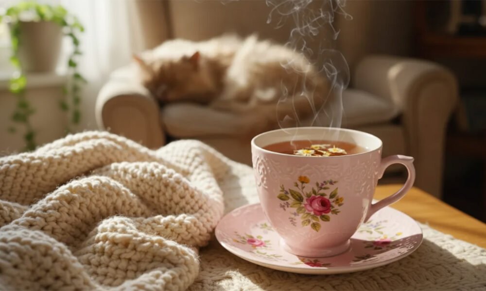 What Types of Tea Have No Caffeine: A Comprehensive Guide Cozy setting with steaming tea in a floral cup, chunky knit blanket, and a sleeping cat on an armchair.