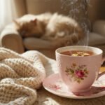 Cozy setting with steaming tea in a floral cup, chunky knit blanket, and a sleeping cat on an armchair.