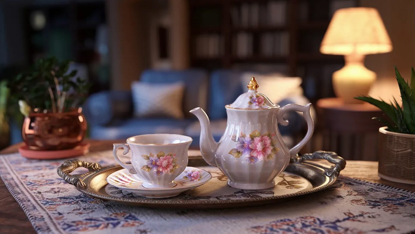 Elegant floral teapot and cup on tray, set in cozy living room with warm lighting and decor accents.