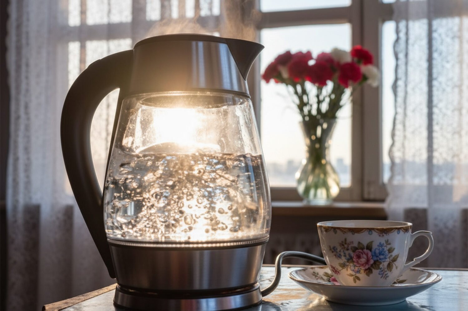Electric kettle boiling water beside a floral teacup, with sunlight streaming through a window.