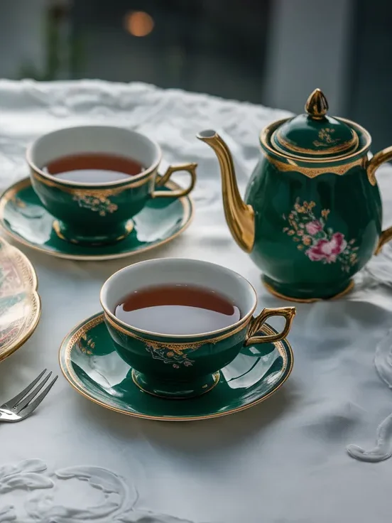 Elegant tea set with sweets on a decorative plate, perfect for an afternoon tea setting.