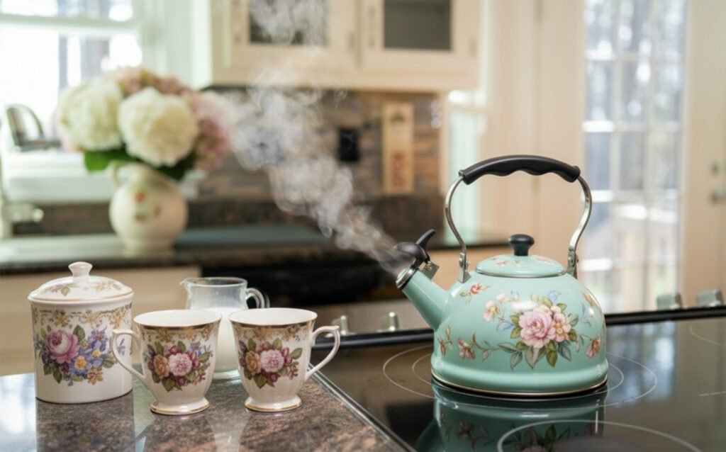 Floral teapot steaming beside matching cups and jar on a kitchen counter with a cozy, vintage vibe.