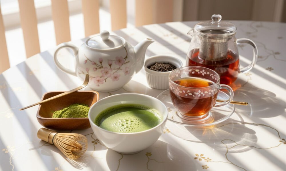What Types of Tea Have the Most Caffeine: Caffeine Content in Different Tea Varieties Tea set with matcha and black tea on a sunny table, featuring teapots, bowls, and delicate floral designs.