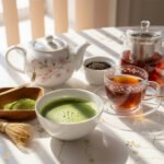 Tea set with matcha and black tea on a sunny table, featuring teapots, bowls, and delicate floral designs.