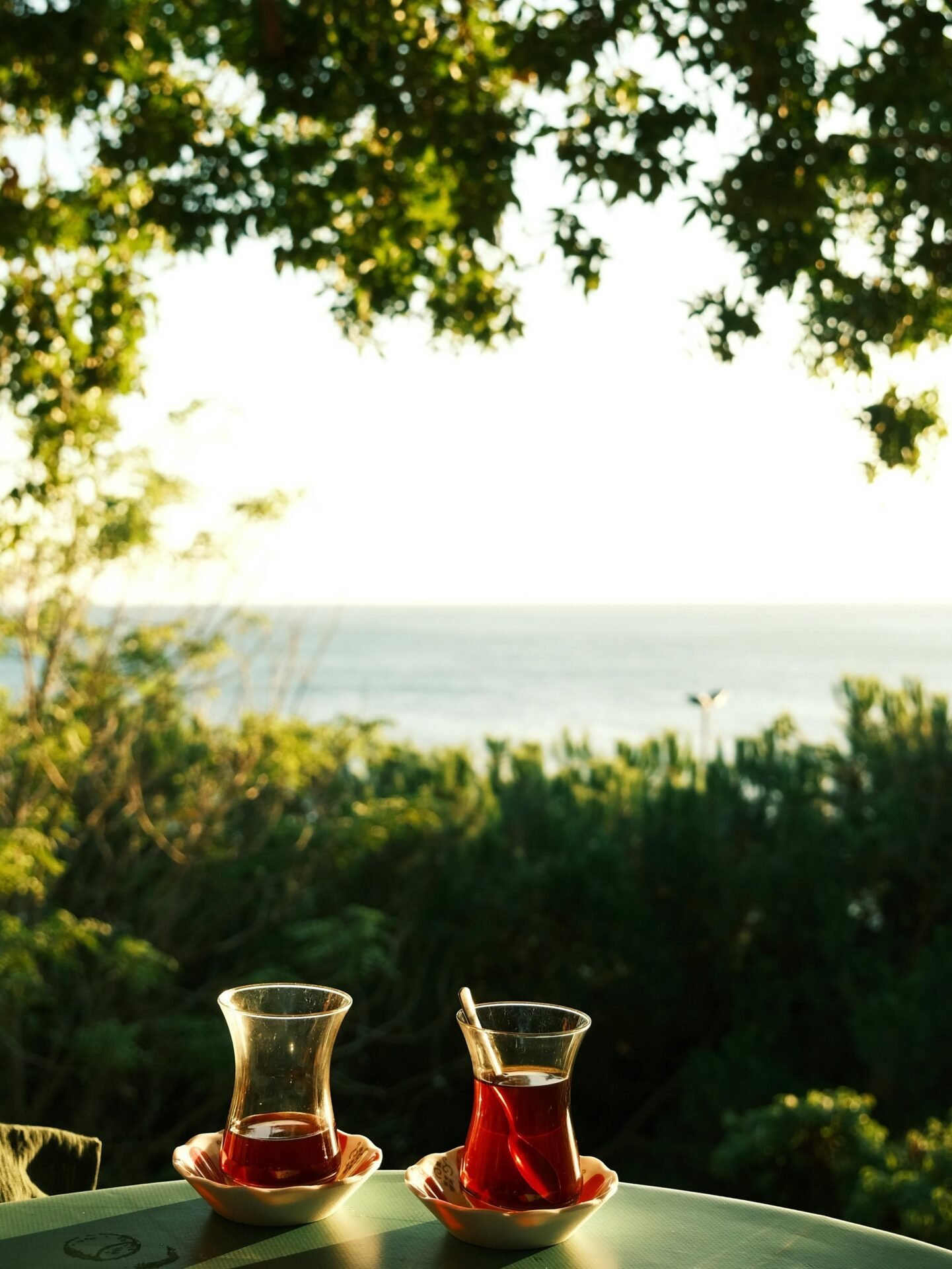 Two glasses of tea on a table with a scenic sea view and lush greenery in the background.