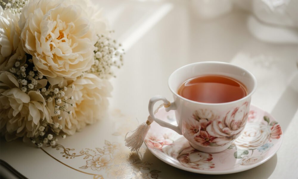 How to Brew Tea Like the English: The Proper Way to Make a Cup of British Tea Delicate floral teacup and saucer set with a bouquet on a lace tablecloth, basking in soft sunlight.