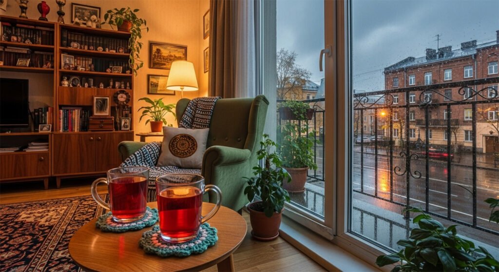 Cozy living room with tea on table, green armchair, and rainy cityscape view through window.