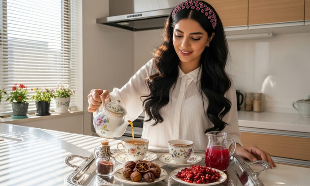 Woman pours tea from floral teapot into cups; tray with dates, juice, and spices on white kitchen counter.