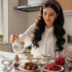 Woman pours tea from floral teapot into cups; tray with dates, juice, and spices on white kitchen counter.
